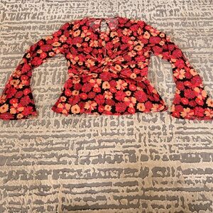 Floral Bell Sleeve Blouse - Red and Black